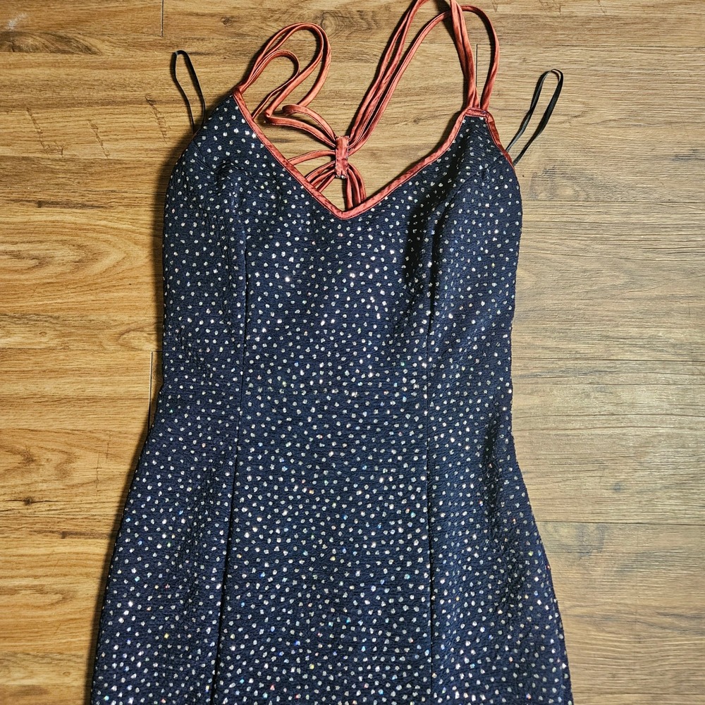 VTG LA Glo Rhinestones Embellished Glitter Maxi Dress Contrast Trim High Slit 30 - Picture 5 of 10